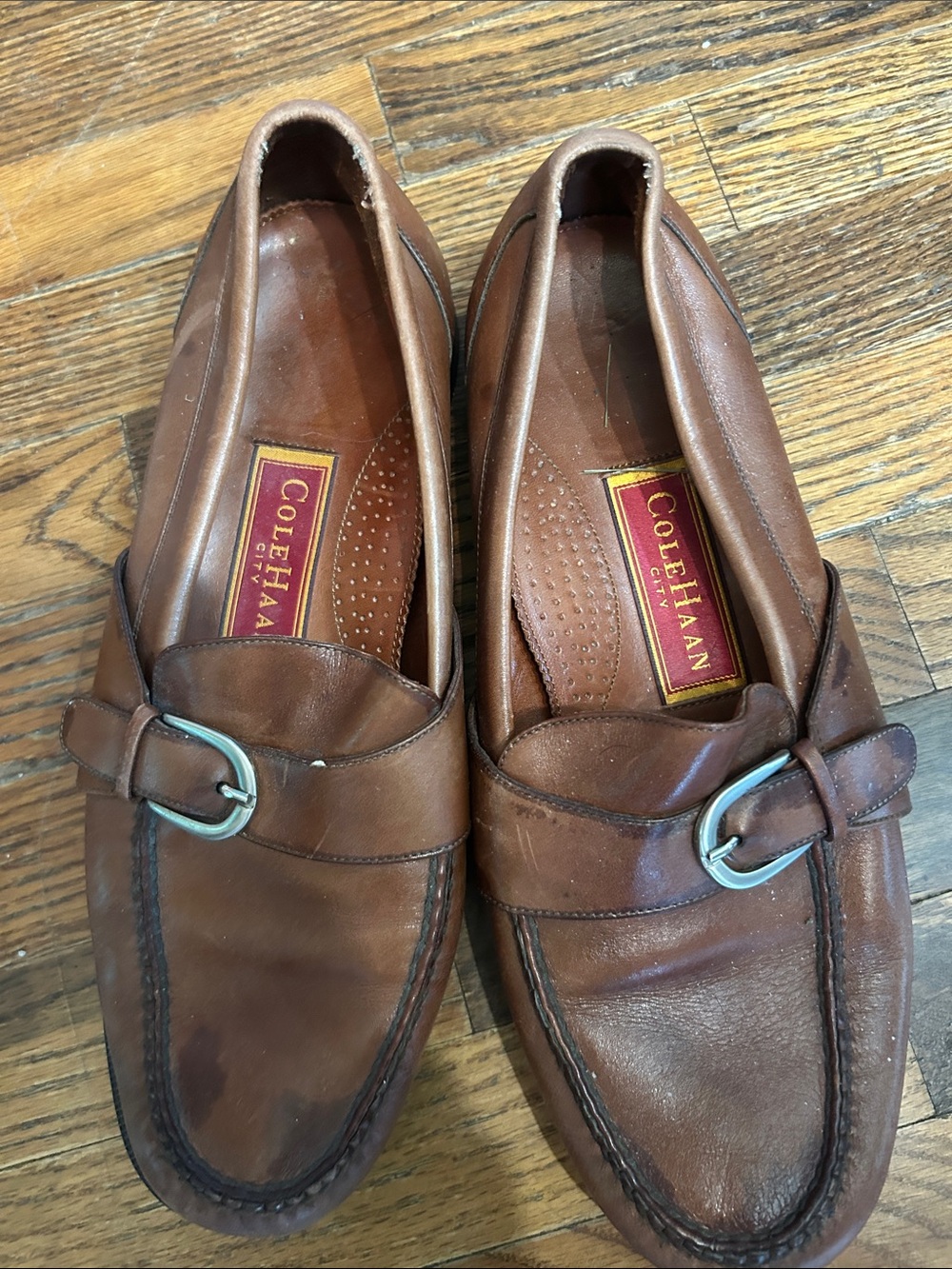 Cole Haan Chestnut Brown Leather Slip-On Loafers with Silver Buckle Detail
